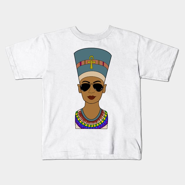 Nefertiti Egyptian Queen Goddess wearing aviator sunglasses Kids T-Shirt by livania